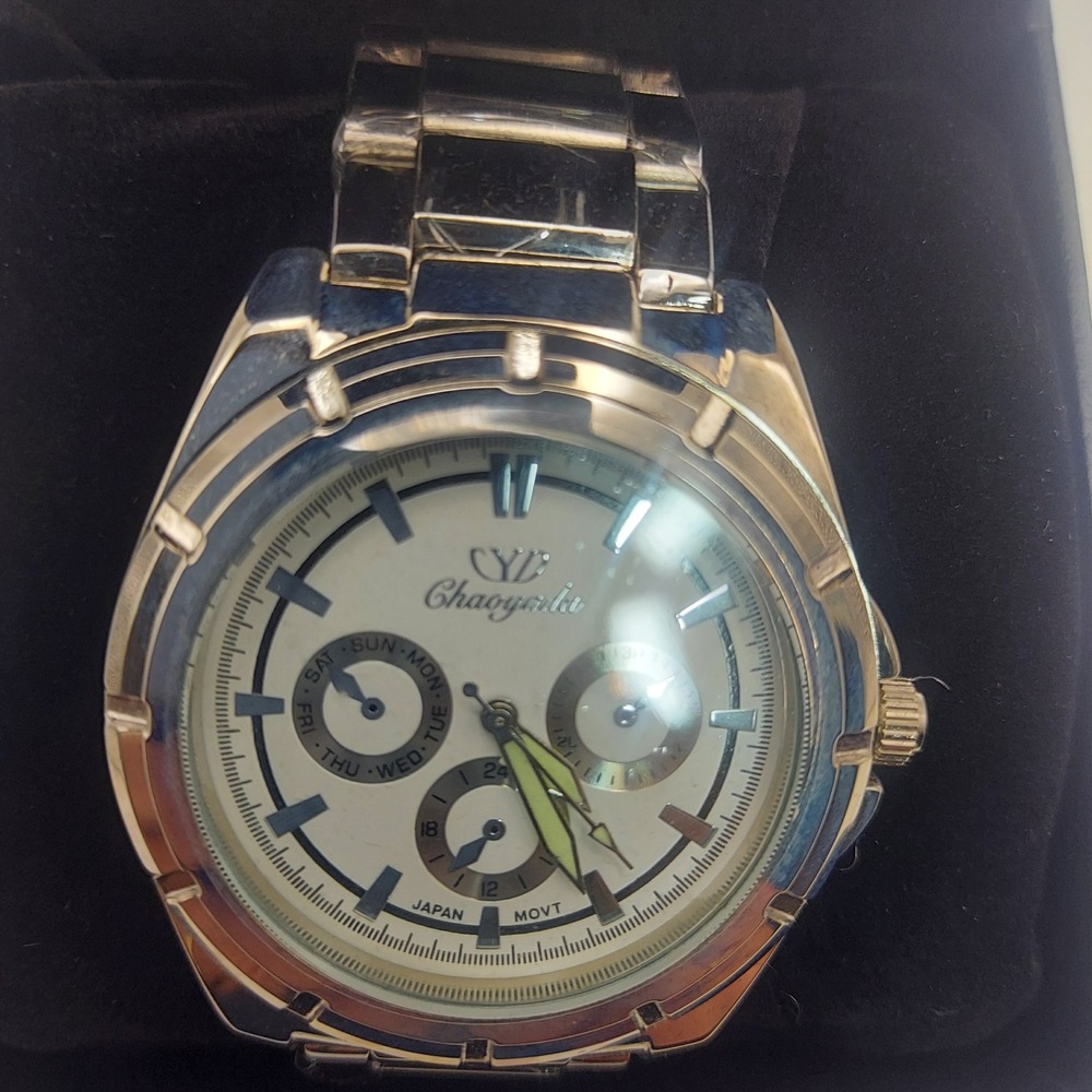 Chaoyada Mens Silver Tone‎ Watch Day Date Indicator Japan Movt CST200G New